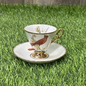 Enesco Cardinal Bird Teacup & Saucer Gold Trim Floral Porcelain Vintage